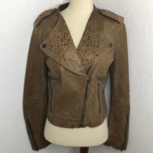 William Rast Tan Studded Leather Moto Jacket S